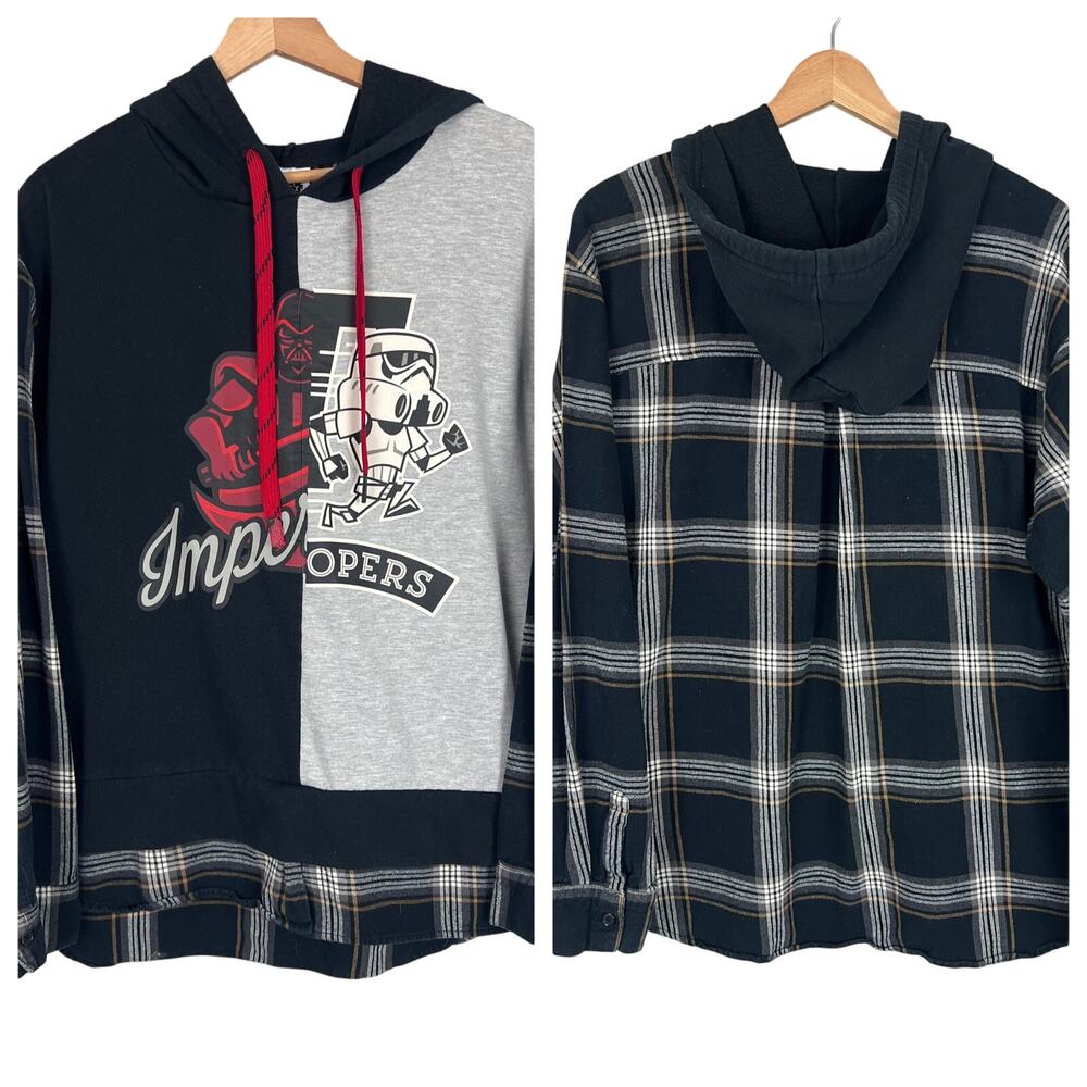 DISNEY x STAR WARS Men's M Darth Vader Imperial Stormtroopers Plaid Hooded Shirt
